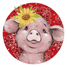 a pig with a sunflower on it's head in front of a red background