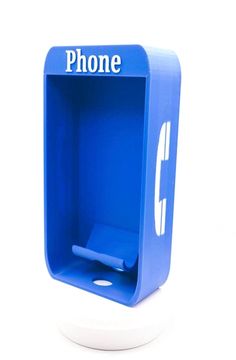 a blue phone holder with the word phone in white letters on it's side