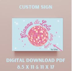 a pink and blue business card with the words,'custom sign'on it