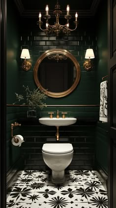 A glamorous Art Deco-inspired small bathroom with bold geometric black and white patterns on the floor, gold accents, and high-gloss finishes. Dark green or navy walls, luxurious brass fixtures, and a large decorative mirror with an ornate gold frame. Statement lighting with a chandelier or sconce, evoking the elegance and opulence of 1920s Art Deco design. 20s Bathroom Art Deco, Small Bathroom Wall Lights, Dark Vintage Bathroom Ideas, Bathroom Upcycle Ideas, Green Cloakroom Ideas, Art Deco Witch Aesthetic, Art Deco Black And Gold, Green Black Gold Interior, Small Bathroom Ideas Gold Accents