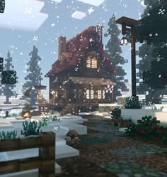 a small house in the middle of a snowy forest with trees and snowflakes