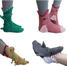 there are four different types of socks that look like animals and alligators on them