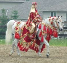 a woman riding on the back of a white horse in a red and gold costume