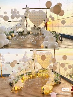 two pictures of white balloons and candles on a wooden floor with water in the background