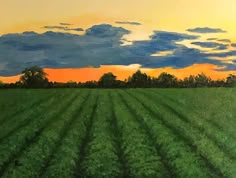 an oil painting of a green field with trees in the background