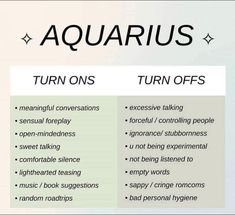 an image of the words aquarius and turn offs are shown in two different languages