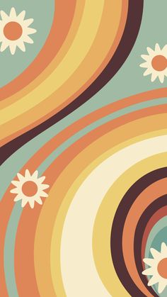 an abstract background with sunflowers and swirls in orange, blue, yellow and green