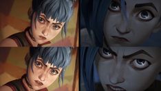 four different pictures of the same person with blue hair and eyes, one is staring at something