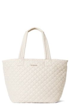 Lightweight quilted nylon in a mix of colors and stitching detail a roomy and rugged tote with double handles and an optional crossbody strap. Top zip closure Top carry handles; adjustable, removable strap Exterior slip pockets; luggage sleeve Interior zip and wall pockets; removable pouch Nylon/leather Imported Fp Quilted Carryall, Quilted Tote Satchel For Travel, Classic Quilted Tote Shoulder Bag, White Quilted Rectangular Shoulder Bag, Mz Wallace Metro Tote, Mix Of Colors, Mz Wallace, Lightweight Quilt, Nylon Tote