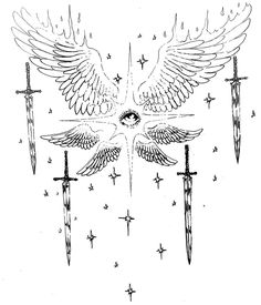 a drawing of two swords with wings and stars around them, on a white background