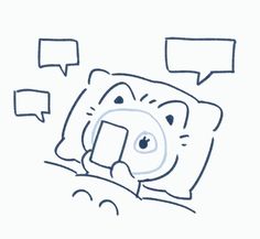 a drawing of a person laying in bed with their head on the pillow and two speech bubbles above them