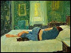 a painting of a person laying on a bed with a cat in the foreground