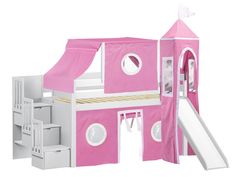 a pink and white princess castle bed with slide