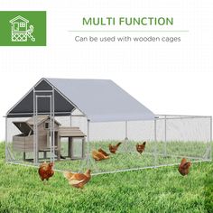 a chicken coop with chickens in it and the words multi function can be used with wooden cages