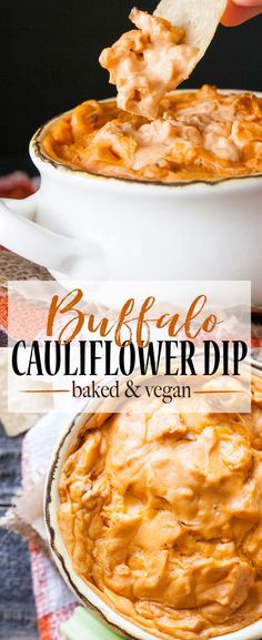 a bowl filled with baked and vegan buffalo cauliflower dip