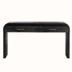 a black desk with two drawers and gold trimmings on the top, against a white background