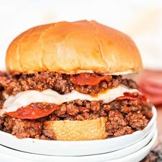 a sloppy joe sandwich sitting on top of a white plate