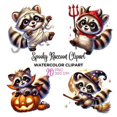 three raccoons wearing halloween costumes with pumpkins and witches hats on their heads