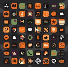 an orange and black background with various icons