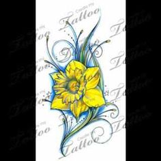 a yellow flower with blue swirls on it's side and the word tattoo written in