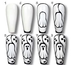 Ghost Nail Art Step By Step, Nail Drawing Designs, Ongles Halloween, Horror Nails, Detailed Portrait, Halloween Nails Diy