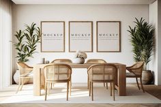 a dining room table with chairs and two pictures on the wall above it that says mock mock up