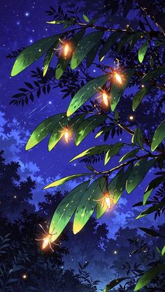 the night sky is full of stars and lights as if they were falling from leaves