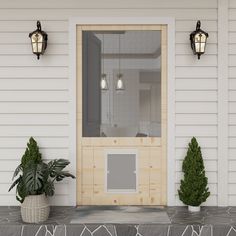 two potted plants sitting on top of a table next to a wooden front door