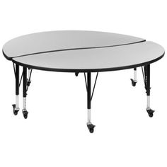 a white table with black wheels on it