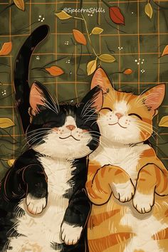 two cats sitting next to each other on a green tile background with leaves and flowers