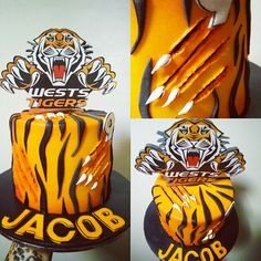 the cake is decorated with tiger stripes