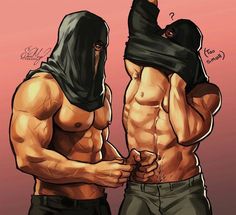 two men in black hoodies standing next to each other with their hands on their hipss