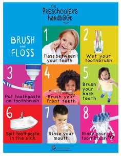 the children's guide to brush and floss is shown in four different colors