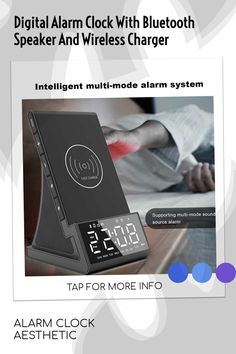 the alarm clock with bluetooth speaker and wireless charger is shown in this brochure