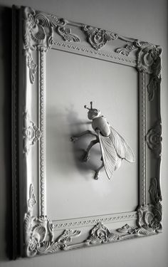 a black and white photo of a bee on a wall mounted to the side of a frame