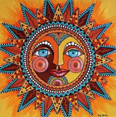 a painting of a sun with blue eyes