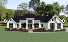 this is an artist's rendering of a house in the country style with black and white accents