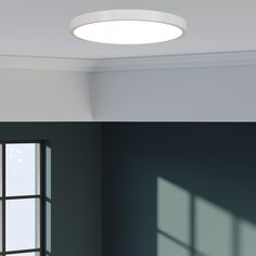 two different views of a ceiling light in an empty room, one is white and the other is black