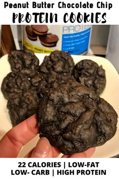 chocolate chip protein cookies on a plate with the text, peanut butter chocolate chip protein cookies