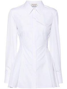 white cotton poplin texture pleat detailing tonal stitching straight-point collar long sleeves buttoned cuffs concealed front button fastening Alexander Mcqueen Top, Designer White Shirt, White Button Up Shirt Outfit, Perfect Objects, Alexander Mcqueen Outfit, Button Up White Shirt, White Dress Shirt Women, Abigail Williams, Luxury Shirts