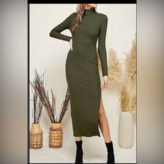 Ribbed Dress Fall Brunch Fitted Maxi Dress, Spring Ribbed Bodycon Maxi Dress, Trendy Fall Maxi Dress For Date Night, Trendy Fitted Maxi Dress For Fall, Trendy Stretch Midi Dress For Fall, Casual Midi Dress With Side Slits For Fall, Casual Fall Midi Dress With Side Slits, Green Ribbed Bodycon Dress For Fall, Casual Ribbed Maxi Dress For Fall