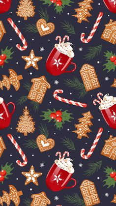 seamless christmas pattern with hot chocolate, candy canes and gingerbread cookies on dark blue background