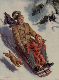 an old magazine cover with a man and child sledding