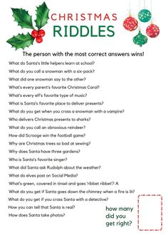 the christmas riddles game is shown with question boxes and holly ornaments on it's side