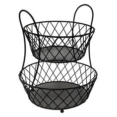 two black wire baskets sitting on top of each other in front of a white background