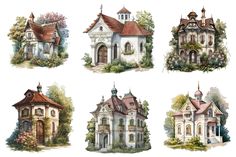 four different styles of houses with trees and bushes around them, all painted in watercolor on white paper