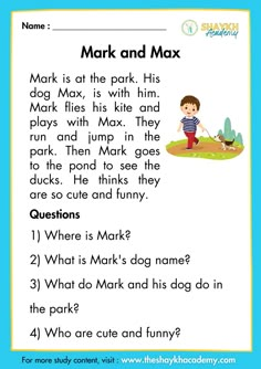 the worksheet for reading mark and max, with an image of a dog