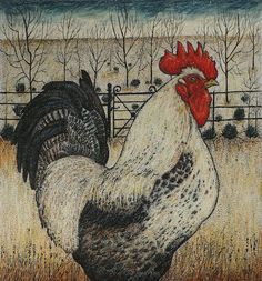 a drawing of a rooster standing in front of a fence with trees and bushes behind it