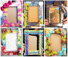 four different frames are decorated with flowers and ribbons