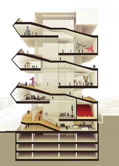 an architectural model of a building with multiple levels and sections that are connected to each other